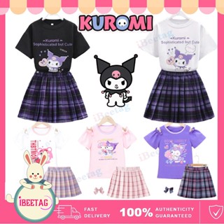 เสื้อยืด ลาย Sanrio Melody Kuromi และกระโปรง JK ลายสก๊อต 2 ชิ้น พร้อมเนคไทโบว์ สําหรับนักเรียน ฮาโลวีน ปาร์ตี้