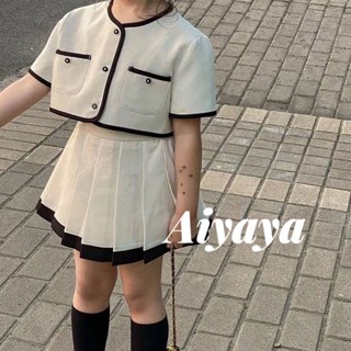 Aiyaya เสื้อผ้าเด็กผู้หญิง ชุดเซ็ทเด็ก ชุดเสื้อแขนสั้น กระโปรงพลีท สไตล์ชาแนล แฟชั่นฤดูร้อน สําหรับเด็กผู้หญิง (839)