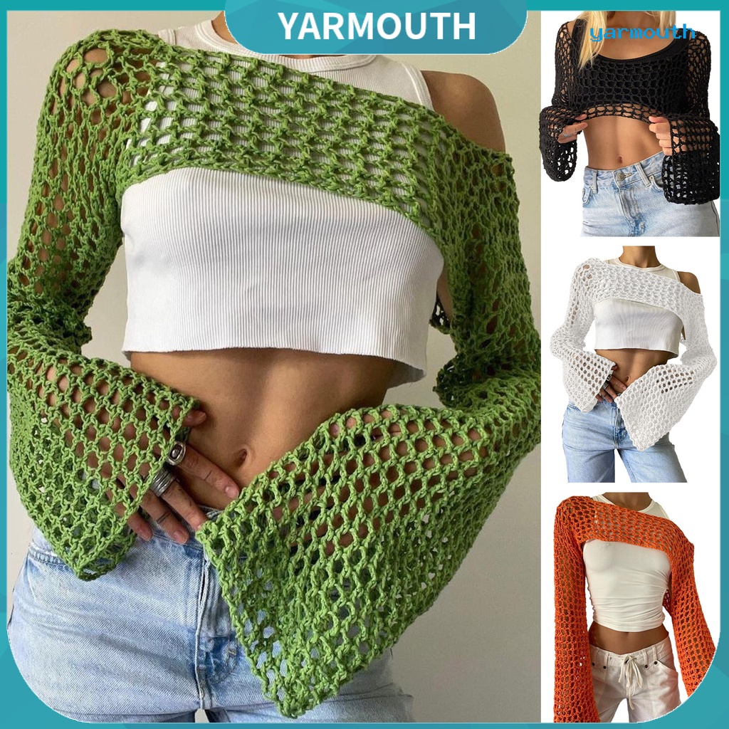 Yyr-- เสื้อครอปกันหนาว ผ้าถักโครเชต์ ฉลุลาย ใส่สบาย สไตล์สตรีท เหมาะกับฤดูใบไม้ร่วง สําหรับผู้หญิง