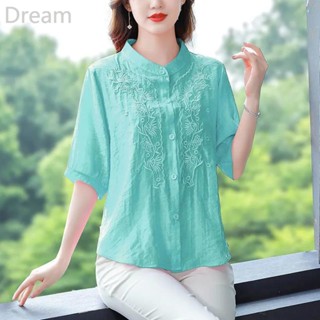 Mothers high-end embroidered cotton and linen shirt summer womens short-sleeved belly-covering slimming shirt base top