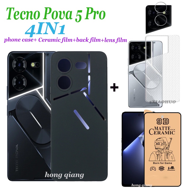(4in1) ซิลิโคนนุ่มฝาครอบ Tecno Pova 5 Pro Pova 5 กรณีสีดํา Frosted เคสโทรศัพท์กันกระแทก+เซรามิคฟิล์มนุ่ม+ฟิล์มเลนส์+ฟิล์มด้านหลัง.