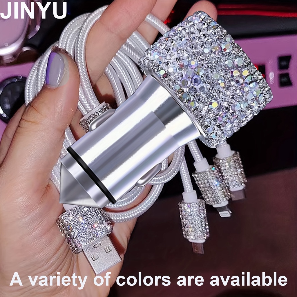 JINYU Bling USB Car Charger 5V/3.1A คริสตัลสีขาว Trim Two-port Fast Adapter 3.9ft ไนลอนประเภท C/Micr