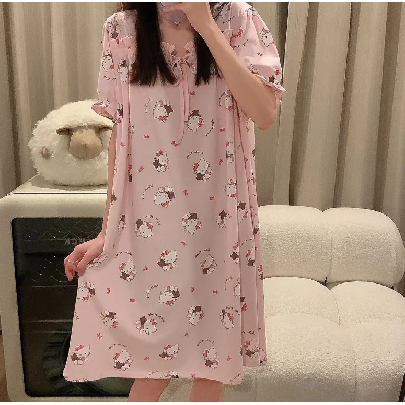 Hello Kitty ชุดนอนบ้านสบาย 75 กก.สามารถสวมใส่ INS สไตล์ญี่ปุ่น Sweet Homewear Nightdress สามารถสวมใส่นอก