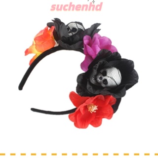 Suchenhd ที่คาดผม ที่คาดผม ลูกไม้ ดอกกุหลาบประดิษฐ์ สีดํา คอสเพลย์ กะโหลกศีรษะ หัวเข็มขัด ฮาโลวีน