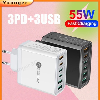 อะแดปเตอร์ชาร์จเร็ว 55W 6 พอร์ต PD+QC3.0 6A PD25W สําหรับ ios Type C Micro