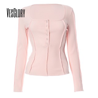 Vesglory เสื้อครอปท็อปแขนยาว คอกลม ทรงสลิมฟิต สีพื้น แฟชั่นสําหรับผู้หญิง 2023