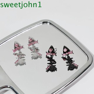 Sweetjohn ต่างหูสตั๊ด คริสตัล รูปกระดูกปลา สีชมพู สไตล์เกาหลี พังก์ พังก์ พังก์ Y2K