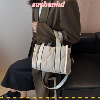 Suchenhd กระเป๋าสะพายไหล่ สะพายข้าง ผ้าฝ้าย ไนล่อน สีพื้น ทรงโท้ท แฟชั่นสําหรับผู้หญิง