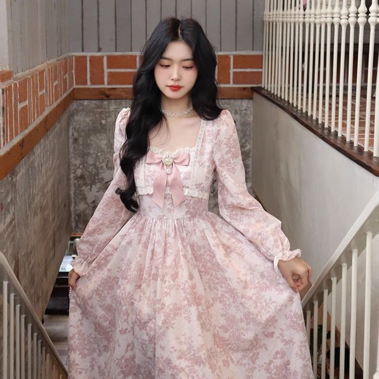 A.t.a ชุดเดรสกระโปรงยาว ผ้าชีฟอง พิมพ์ลายดอกไม้ สีชมพู สําหรับสตรี - รูปที่ 4