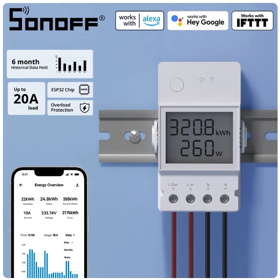Sonoff POW Elite R3 16A 20A มีจอ LCD รุ่นใหม่ วัดค่า Watt Amp Volt Energy Power Smart WIFI Android IOS [มีประกัน] [ MT ]