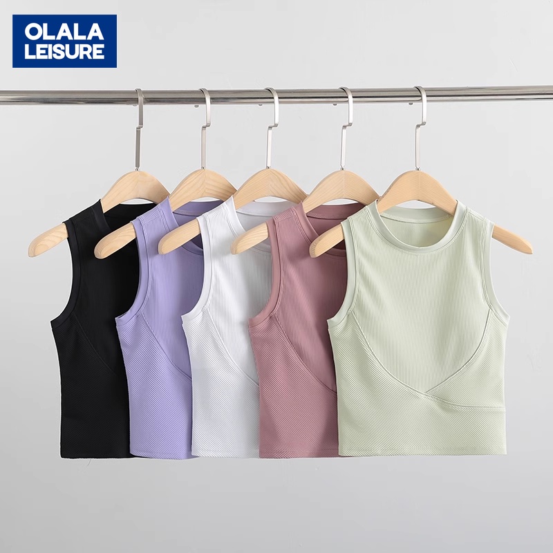 OLALA LEISURE  ฤดูร้อน แขนกุด พร้อมแผ่นอก วิ่ง ฟิตเนส ยืด รัดรูป โยคะ สวมใส่ ยาง กีฬา เสื้อกั๊ก ผู้หญิง สวมกลางแจ้ง ชุดชั้นใน โยคะ