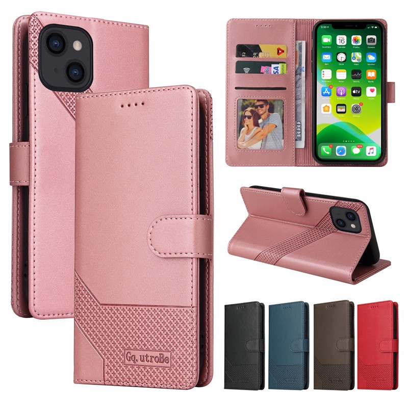 เคสโทรศัพท์มือถือหนัง ฝาพับ พร้อมช่องใส่บัตร สีโรสโกลด์ หรูหรา สําหรับ IPhone 15 14 Plus 13 Pro Max