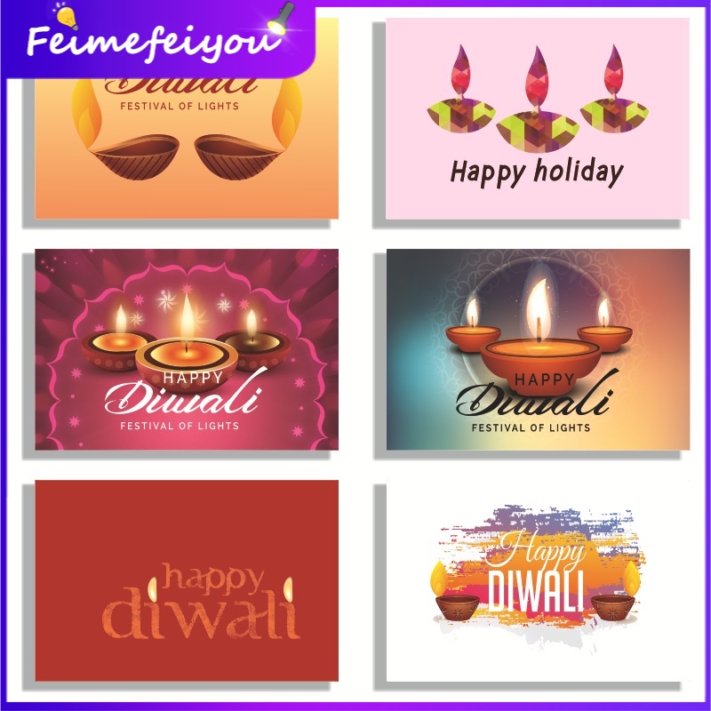 โปสการ์ดอวยพร Happy Diwali แบบพับได้ สําหรับเทศกาลวันหยุด 2024 12 ชิ้น ต่อชุด