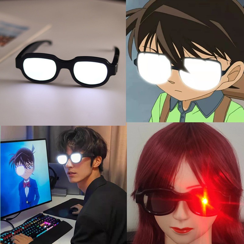 Edogawa Conan Light-emitting Glasses อะนิเมะญี่ปุ่นโคนันเดียวกัน LED เรืองแสง USB ชาร์จแว่นตาคอสเพลย์เทศกาลดนตรีผู้ชายผู้หญิงตลกเรืองแสงแว่นตาอุปกรณ์ประกอบฉากถ่ายภาพ