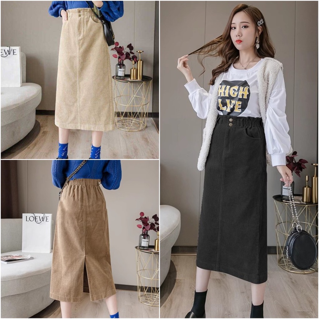 พร้อมส่ง   กระโปรงลูกฟูก 2กระดุมทอง เอวสม็อค ผ่าด้านหลัง แฟชั่นสไตล์สาวเกาหลี