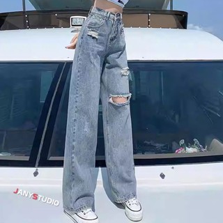 กางเกงยีนส์ขายาววินเทจสไตล์เกาหลีลำลองสำหรับผู้หญิง