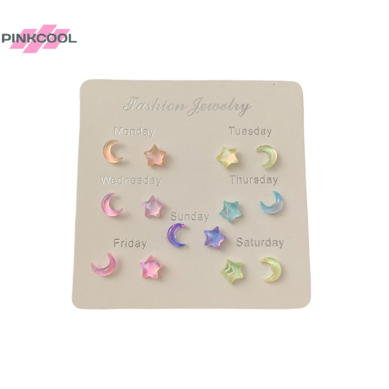 Pinkcool ชุดต่างหูสตั๊ด รูปดาว ดวงจันทร์ สีชมพู สีม่วง น่ารัก เครื่องประดับ สําหรับผู้หญิง Y2K ขายดี