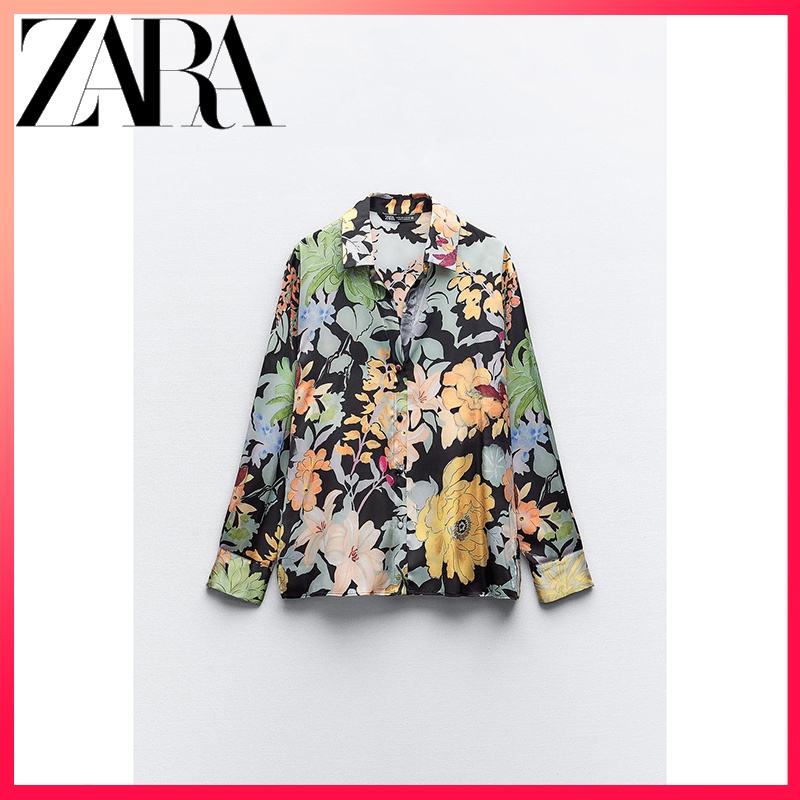 Zara ใหม่ เสื้อเชิ้ต ผ้าซาติน พิมพ์ลายดอกไม้ สําหรับผู้หญิง
