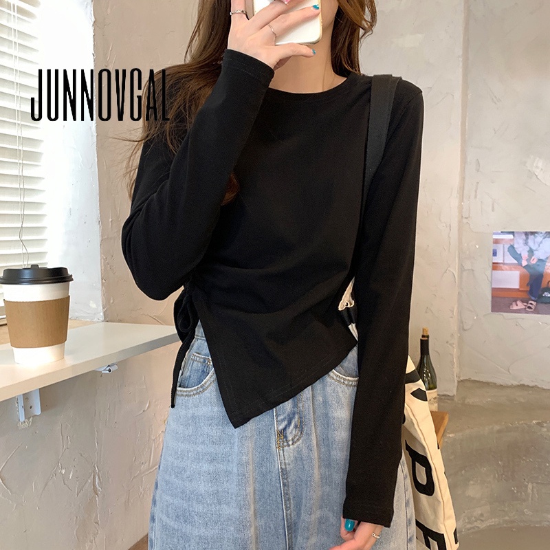 Junnovgal เสื้อยืด คอกลม แขนยาว สีพื้น แฟชั่นฤดูใบไม้ร่วง สําหรับผู้หญิง 2023