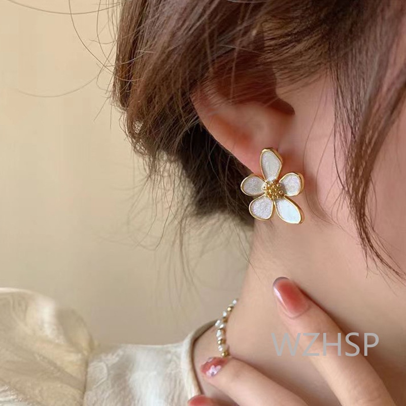ต่างหู รูปดอกไม้ เคลือบสีขาว หรูหรา สไตล์หวาน อเนกประสงค์
