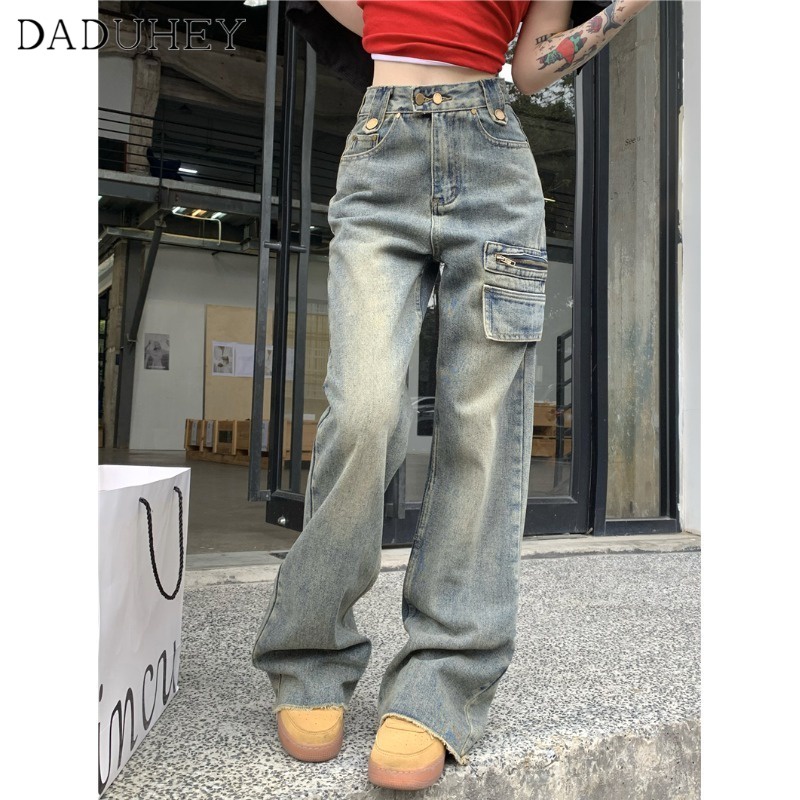 DaDuHey Women's New American Style Retro Washed Jeans High Street Wide Leg Straight Slimming Fashionable Flared Pants
