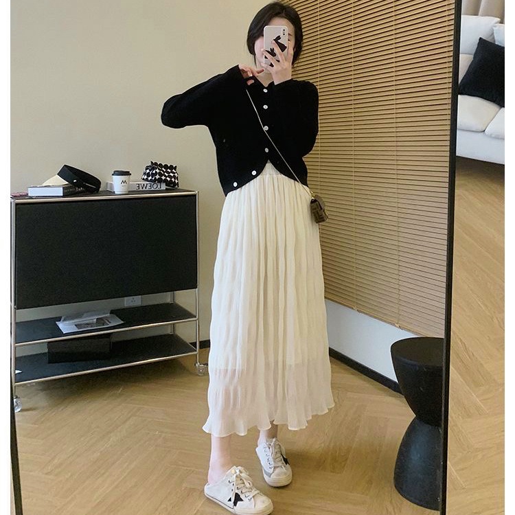 Bh กระโปรงยาว ผ้าชีฟอง จับจีบ เอวสูง กระชับสัดส่วน คุณภาพสูง สําหรับผู้หญิง