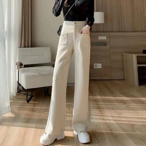 ใหม่ กางเกงขากว้าง เอวสูง ผ้าลูกฟูก ทรงตรง ทรงหลวม อเนกประสงค์ แฟชั่นฤดูใบไม้ร่วง ฤดูหนาว สําหรับผู้หญิง