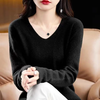 เสื้อแขนยาวคอวีสีพื้น เสื้อไหมพรมผ้ายืดใส่สบาย มี 12 สีให้เลือก