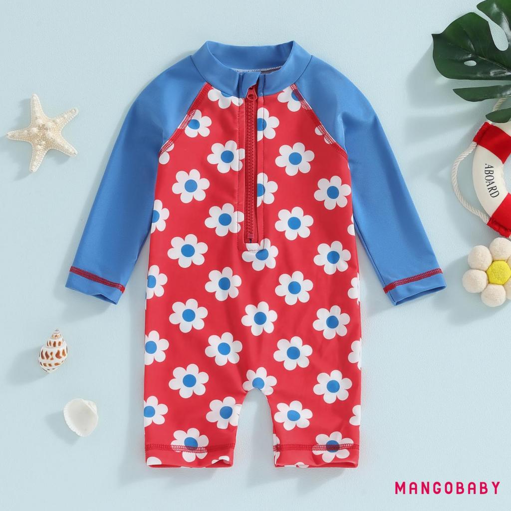 Mg-ชุดว่ายน้ําเด็กผู้หญิงฤดูร้อนพิมพ์ลายดอกไม้แขนยาวซิป Jumpsuit Beachwear สําหรับชุดว่ายน้ําเด็กวัยหัดเดิน