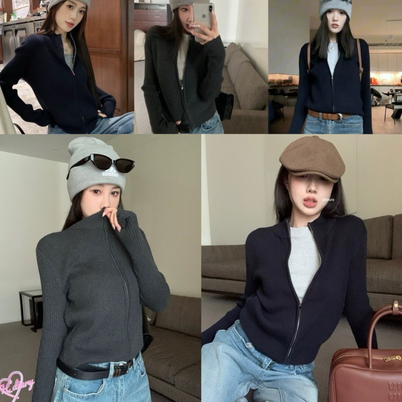 (จัดส่งจากกรุงเทพฯ) เสื้อคาร์ดิแกนถักแขนยาวของผู้หญิง ทรงเข้ารูป มีซิปสั้น RR016