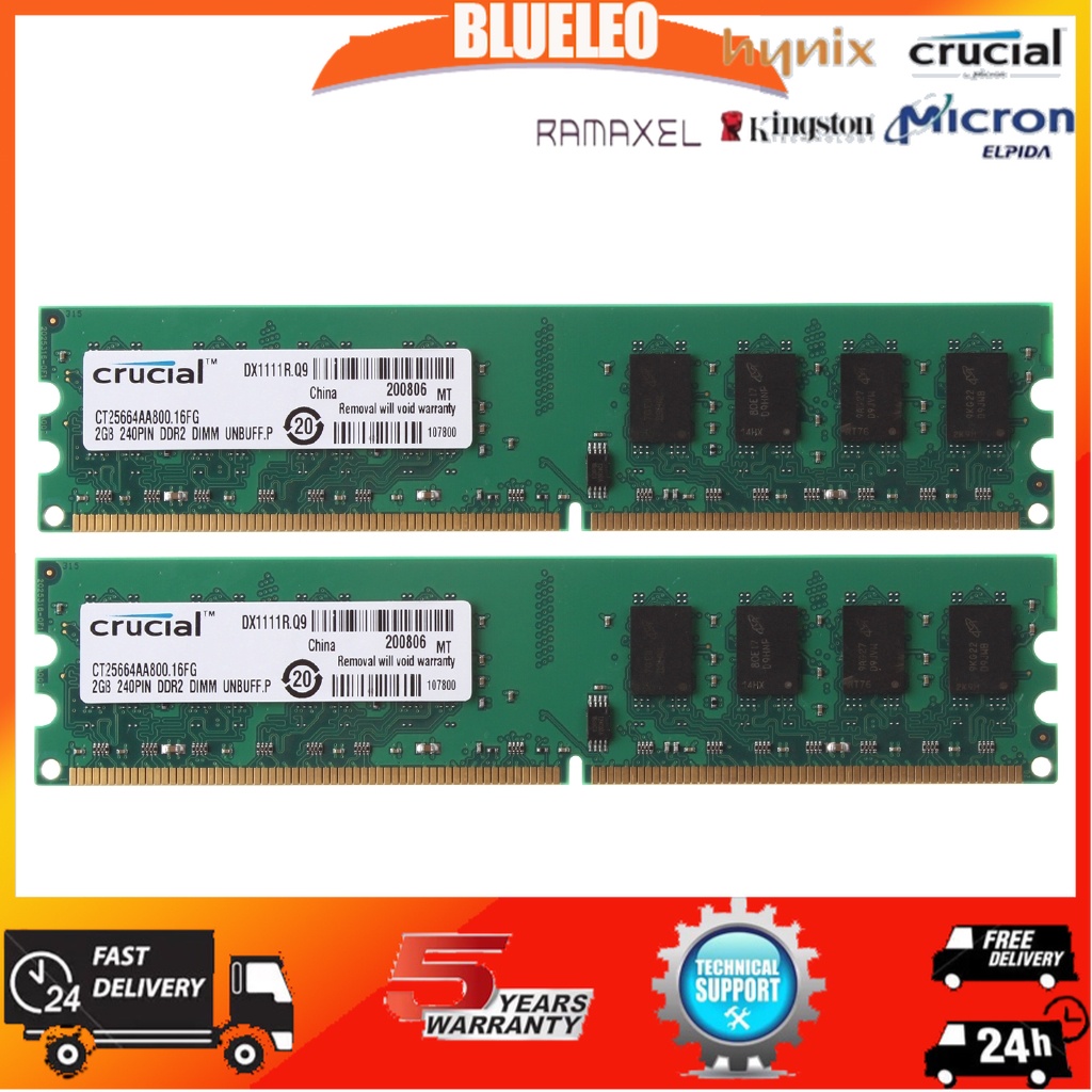 4GB 2PCS สําหรับ Crucial 2GB 2Rx8 PC2-6400U DDR2 800MHz 240pin DIMM หน่วยความจําเดสก์ท็อป RAM ทดสอบ