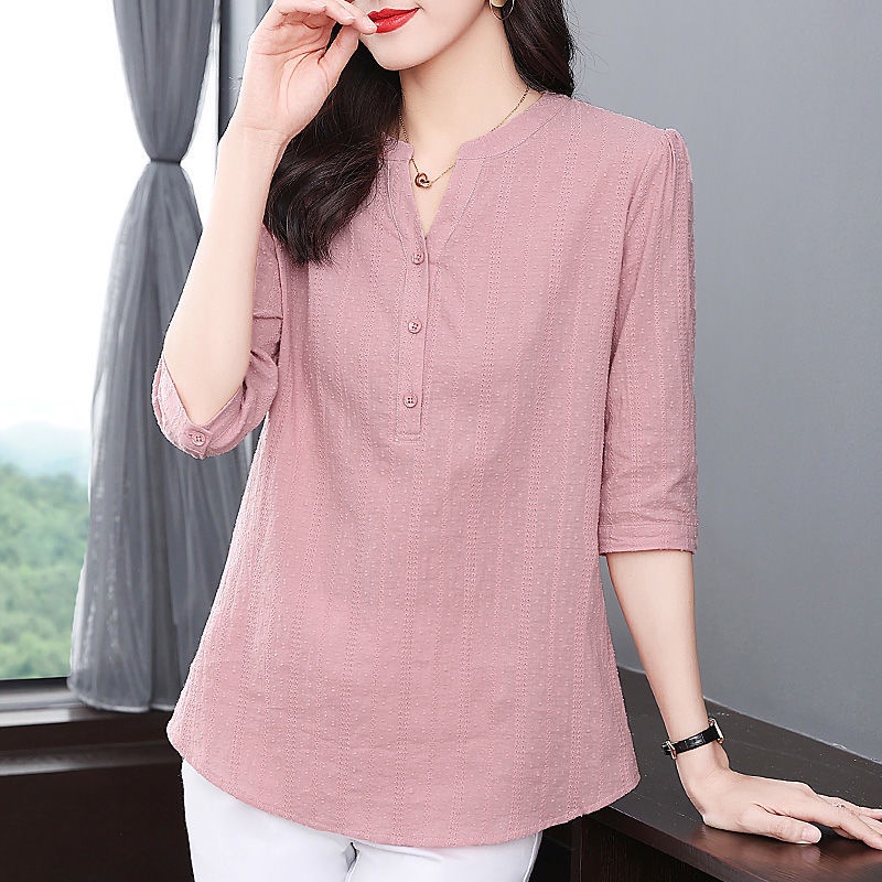 เสื้อเชิ้ตแขน 3/4 ผ้าฝ้าย ผู้หญิง ฤดูร้อนใหม่ ขนาดใหญ่ สไตล์เกาหลี คอวี แฟชั่น ชุดทํางาน เสื้อเชิ้ต ผู้หญิง หรูหรา ลําลอง เสื้อ