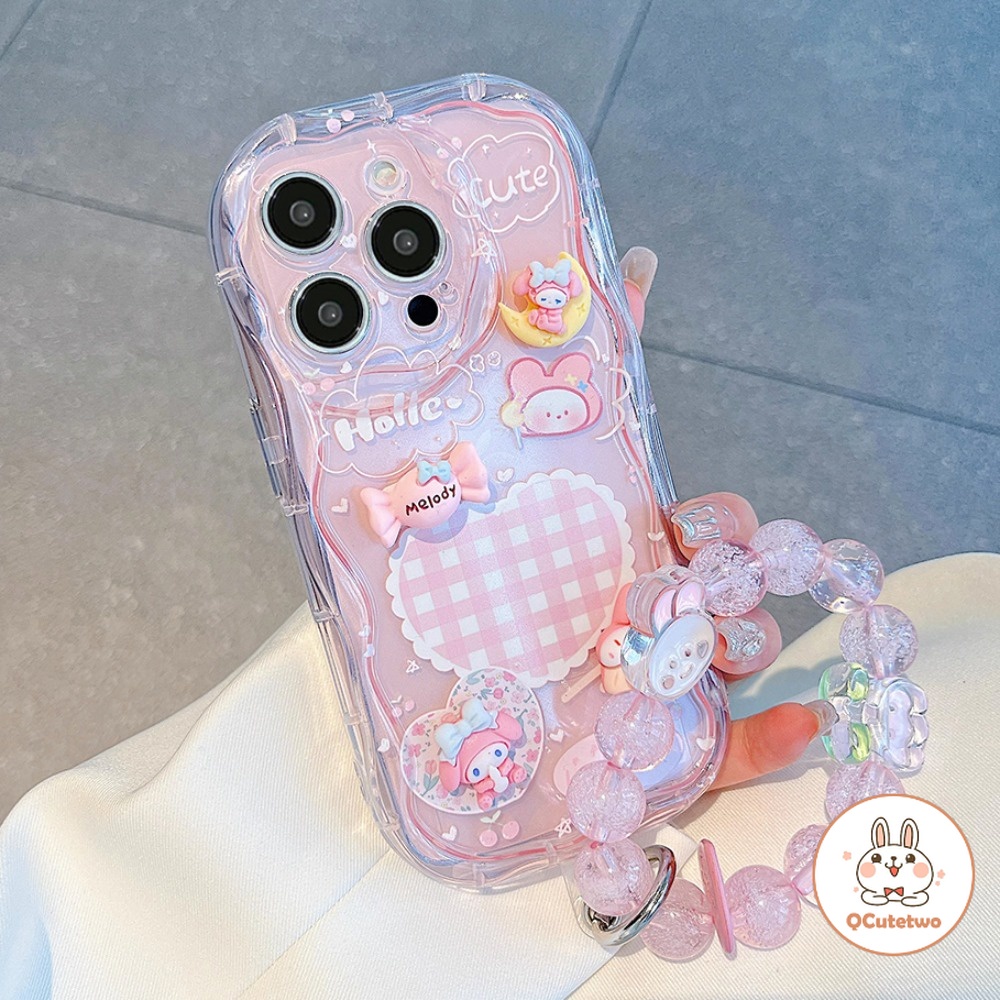 เคสโทรศัพท์มือถือ กันกระแทก ปิดด้านหลัง ลายเมโลดี้ 3D ประดับมุก พร้อมสายคล้องมือ สําหรับ Iphone 15 11 14 12 13 Pro Max 7Plus 8Plus XR XS
