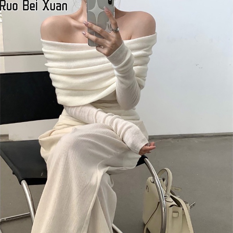 Ruo Bei Xuan เสื้อแขนยาว เปิดไหล่ข้างเดียว ผ้าถัก เข้ารูป สําหรับผู้หญิง