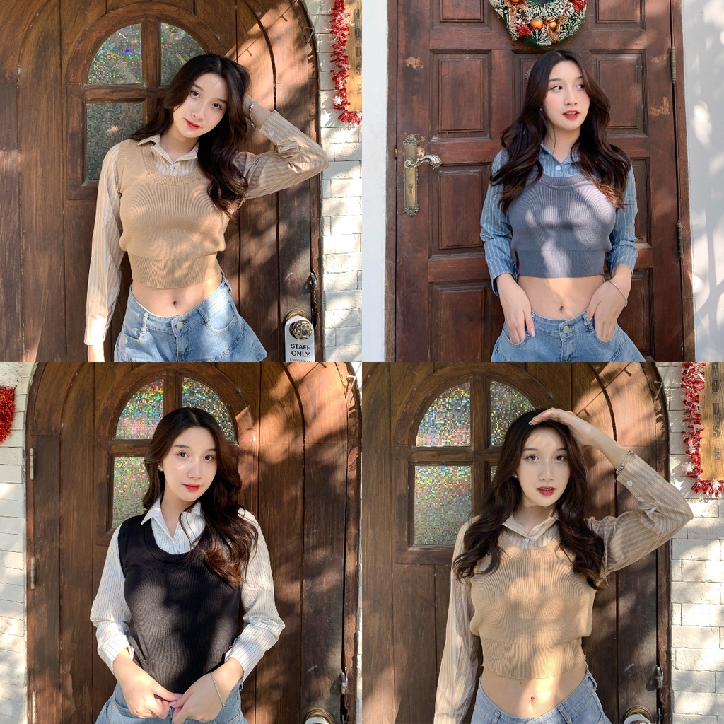Aurora พร้อมส่ง เสื้อไหมพรม เสื้อกั๊กไหมพรม สไตล์นักเรียนเกาหลี เสื้อกั๊กติดเสื้อเชิ้ต ชุดสองชิ้น J153