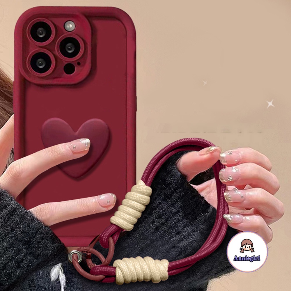 เคสโทรศัพท์มือถือ ซิลิโคนนิ่ม กันกระแทก ลายหัวใจ 3D พร้อมสายคล้อง สําหรับ Iphone 11 15 14 13 12 Pro Max XS 7 8 Plus