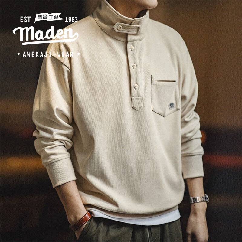 Maden เสื้อโปโลลําลอง มีฮู้ด แบบถัก แฟชั่นฤดูใบไม้ผลิ สไตล์อเมริกัน สําหรับผู้ชาย 2024