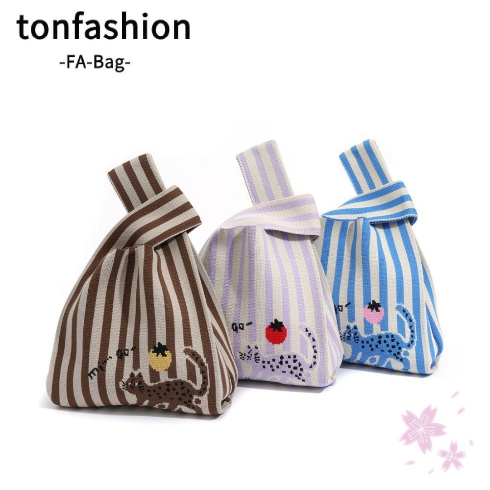 Tonfashion กระเป๋าถือ กระเป๋าช้อปปิ้ง ผ้าถัก แฮนด์เมด ลายทาง ความจุสูง ใช้ซ้ําได้ สําหรับผู้หญิง
