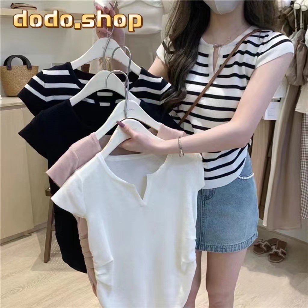 DODO*สินค้าพร้อมส่ง*เสื้อไหมพรมเเขนสั้นคอวีเล็กๆดีเทลจั้มเอวด้านข้างเก๋ๆ(5A105)