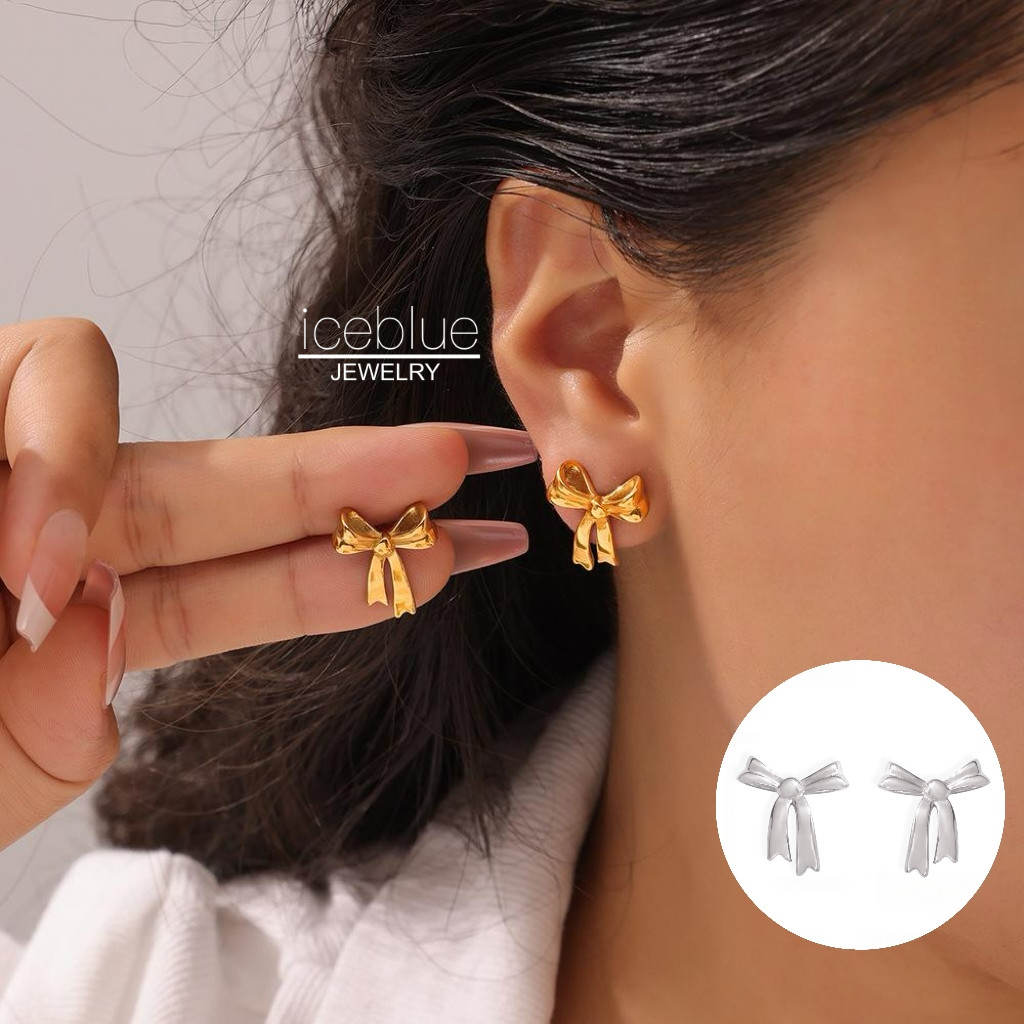 Iceblue-น่ารักBowknot All-Matach Studต่างหูหนึ่งคู่18K Gold Platedกันน้ําNon Tarnishเครื่องประดับ316Lสแตนเลสแหวนเหล็กไทเทเนียมสําหรับผู้หญิงผู้ชายE62
