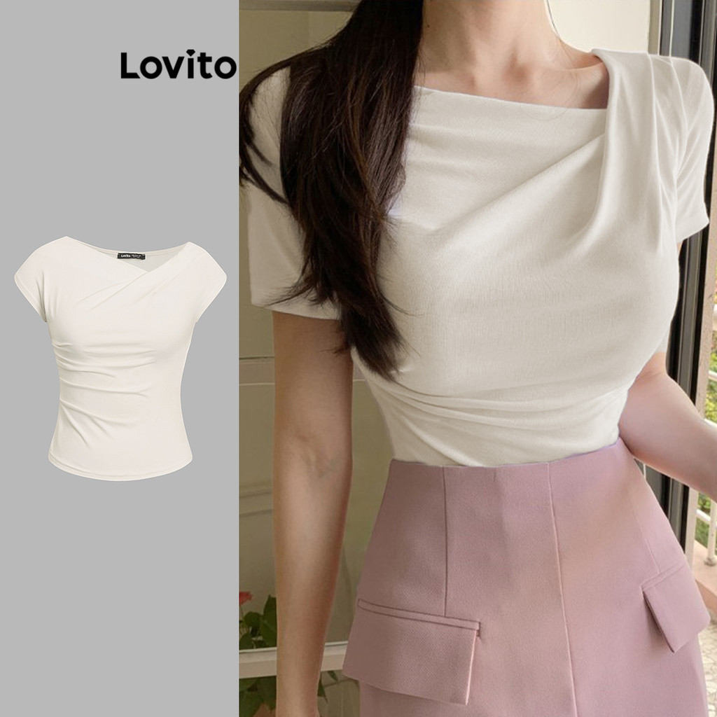 Lovito เสื้อยืดจีบแบบอสมมาตรสำหรับผู้หญิง L105MD637