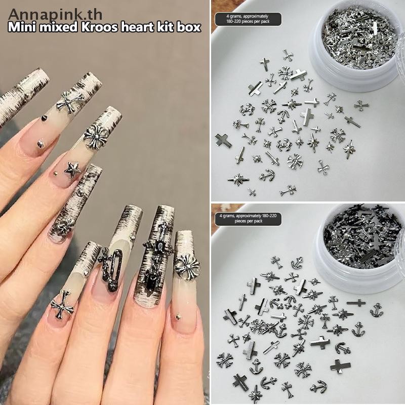 Ank 3-7 มม.เงินโบราณ Punk Wind Cross ตกแต่งเล็บ,โลหะผสม Rhinestone โลหะสไตล์ Diy ตกแต่งเล็บประมาณ 180-220 ชิ้น EN