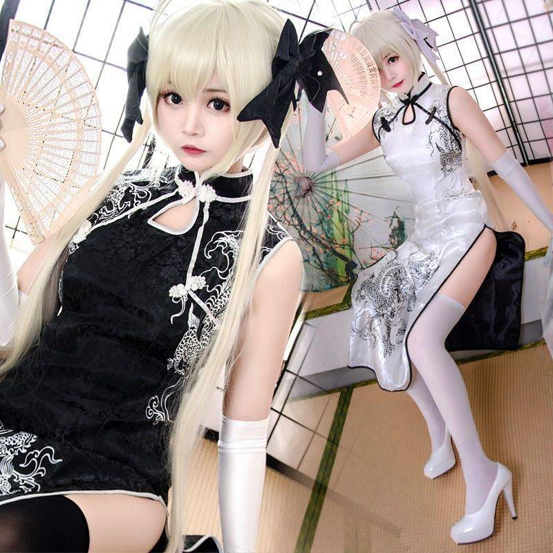 Sora Cos Costume Yosuga No Sora Kasugano Sora Cheongsam Wig Fan Cosplay Full Set Adult Lady like Wom