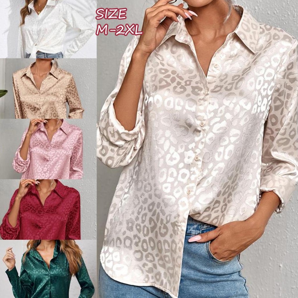 mimi&didi#เสื้อเชิ้ตผู้หญิง ผ้าซาติน หลากสี พิมพ์ลายเสือดาว Jacquard สามมิติ ทรงหลวม เหมาะสำหรับการเดินทาง#99029