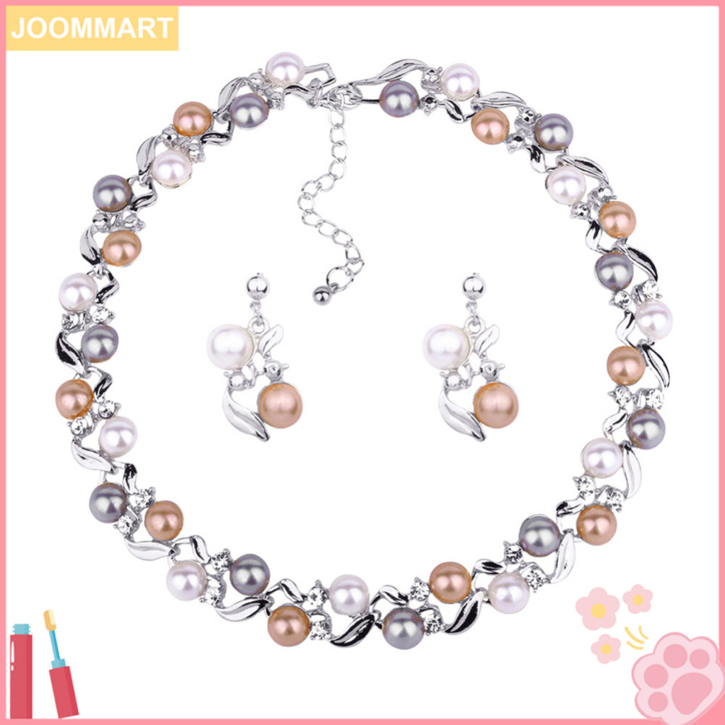 [Jm] Elegant Women Faux Pearl Rhinestone สร้อยคอหูต่างหูสตั๊ดชุดเครื่องประดับปาร์ตี้