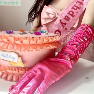 Fishstick1 ถุงมือยาว ประดับเพชร สีชมพู สไตล์เกาหลี สําหรับปาร์ตี้วันเกิด
