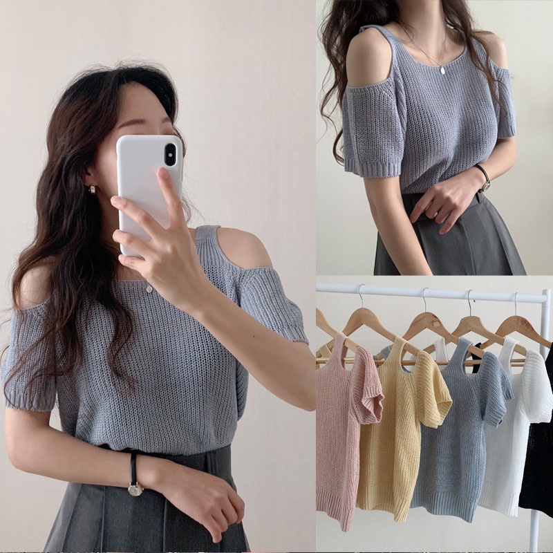 Grace เสื้อปาดไหล่แขนสั้น เสื้อไหมพรมเปิดไหล่ คอกลม สีพื้น สไตล์เกาหลี สําหรับผู้หญิง 1319