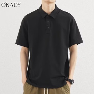 OKADY เสื้อโปโลแขนสั้นลําลอง คอปก ทรงหลวม ระบายอากาศได้ดี สีพื้น แบบเรียบง่าย สไตล์ฮ่องกง สําหรับผู้ชาย