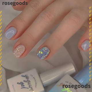 Rosegoods1 เล็บปลอม แบบสั้น ทรงกลม ลายหัวใจ ถอดออกได้ สีฟ้า สีขาว สําหรับตกแต่งเล็บ DIY