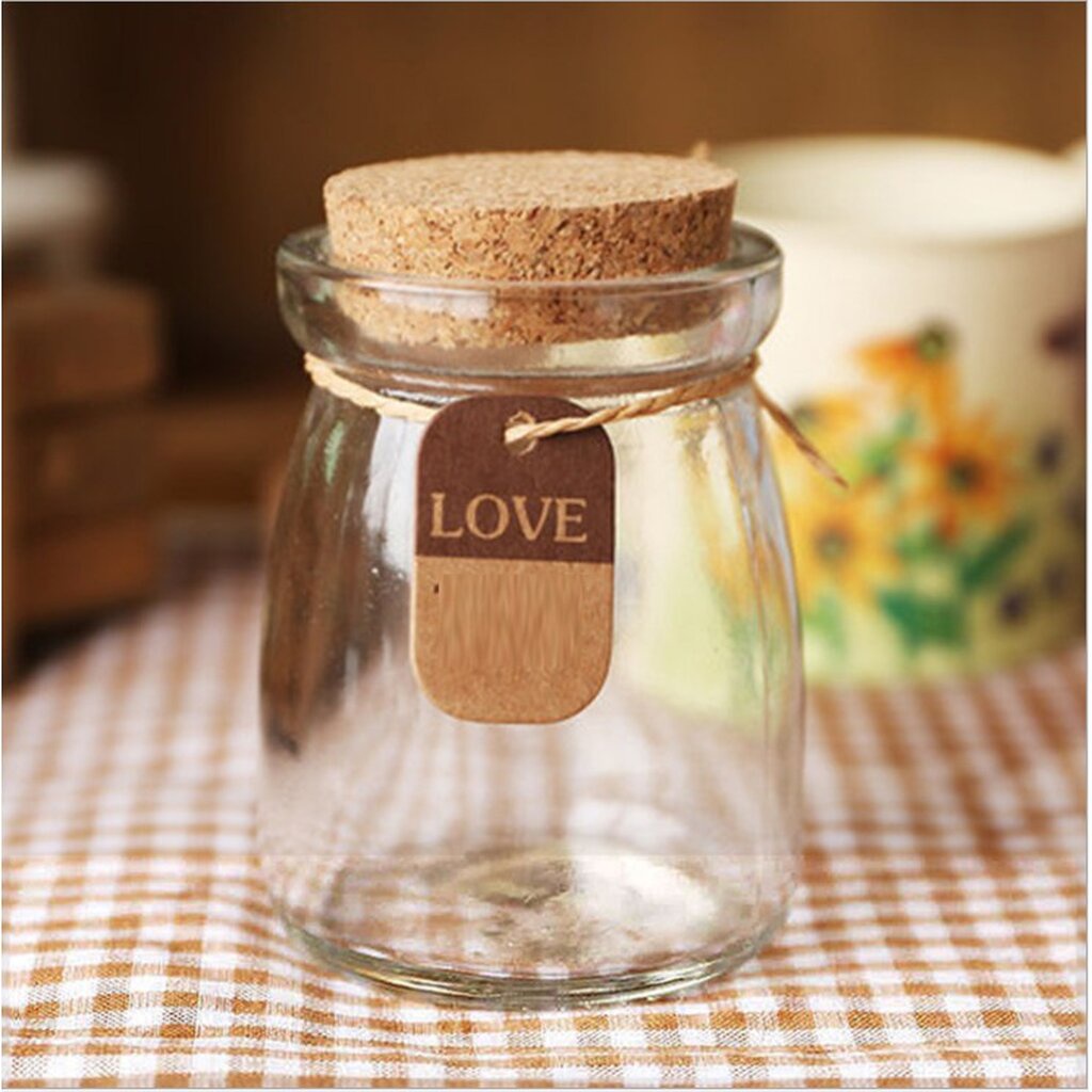 ขวดแก้ว ฝาจุกไม้ก๊อก ป้าย Love พร้อมเชือก ขนาดบรรจุ 100cc โปร120ขวดส่งฟรี